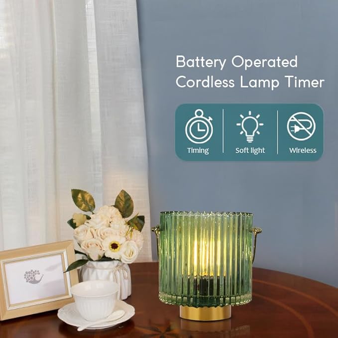 Battery Operated Cordless Lamp Timer,Decorative Table Lamp Battery Powered Lamp with LED Bulb,Decorative Bedside Lamp for Living Room,Bedside Lamp,Night Light (Green-1) - LeafyLoom
