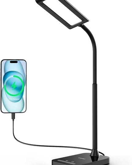 LED Desk Lamp with USB Charging Port, 5 Lighting Modes & 7 Brightness Dimmable Table Lamp, Flexible Gooseneck Lamp, Eye-Caring Reading Light with Memory Function - LeafyLoom