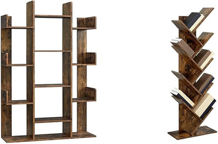 VASAGLE Bookshelf, Tree-Shaped Bookcase with 13 Storage Shelves, Rounded Corners & 9-Tier Floor Standing Tree Bookshelf, with Shelves for Living Room, Home Office, Rustic Brown ULBC11BX - LeafyLoom