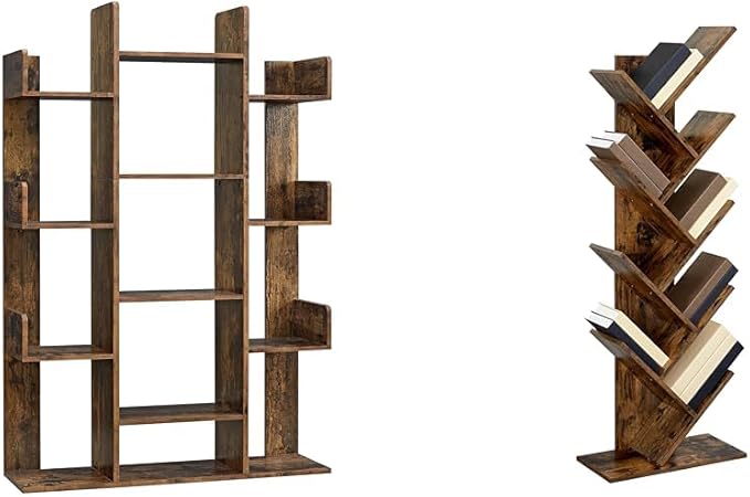 VASAGLE Bookshelf, Tree-Shaped Bookcase with 13 Storage Shelves, Rounded Corners & 9-Tier Floor Standing Tree Bookshelf, with Shelves for Living Room, Home Office, Rustic Brown ULBC11BX - LeafyLoom