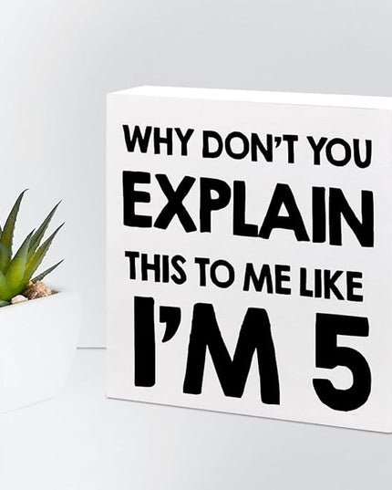 Why Don't You Explain This to Me Like I'm 5 Wood Block Sign Desk Decor,Funny Wooden Box Plaque Sign Desk Decor for Home Office Shelf Table Decor Decorations - LeafyLoom