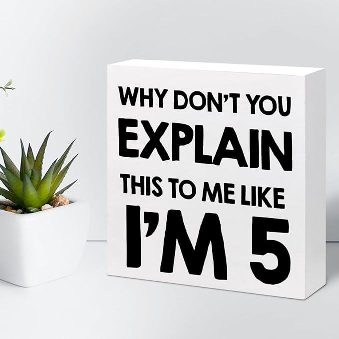 Why Don't You Explain This to Me Like I'm 5 Wood Block Sign Desk Decor,Funny Wooden Box Plaque Sign Desk Decor for Home Office Shelf Table Decor Decorations - LeafyLoom