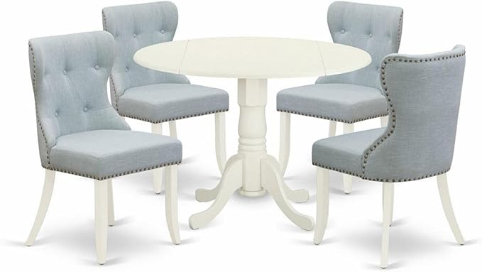 East West Furniture DLSI5-WHI-15 Dublin 5 Piece Kitchen Set Includes a Round Dining Room Table with Dropleaf and 4 Baby Blue Fabric Parsons Chairs, 42x42 Inch, Linen White - LeafyLoom