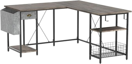 X-cosrack 2 Person Desk Large L-Shaped Computer Desk with Storage Shelves Drawer, Home Office Writing Corner Desk, Long Desk PC Laptop Workstation with Hooks Storage Bag Cable Hole - LeafyLoom
