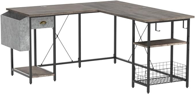 X-cosrack 2 Person Desk Large L-Shaped Computer Desk with Storage Shelves Drawer, Home Office Writing Corner Desk, Long Desk PC Laptop Workstation with Hooks Storage Bag Cable Hole - LeafyLoom