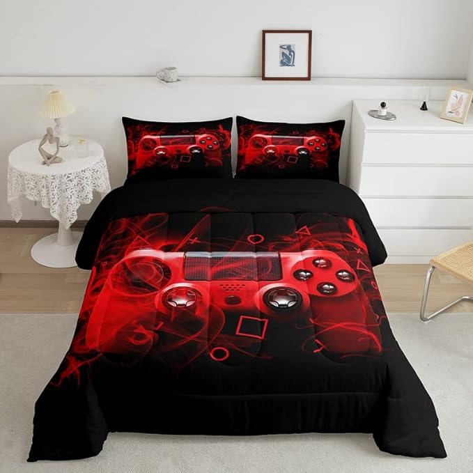 Feelyou Kids Gaming Comforter Set Queen Size Gamer Bedroom Decor for Boys Girls Teens Video Game Controller Bedding Set Youth Gaming Console Comforter Red Black Geometry with 2 Pillow Case - LeafyLoom