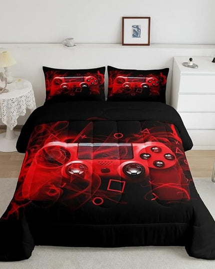 Feelyou Kids Gaming Comforter Set King Size Gamer Bedroom Decor for Boys Girls Teens Video Game Controller Bedding Set Youth Gaming Console Comforter Red Black Geometry with 2 Pillow Case - LeafyLoom