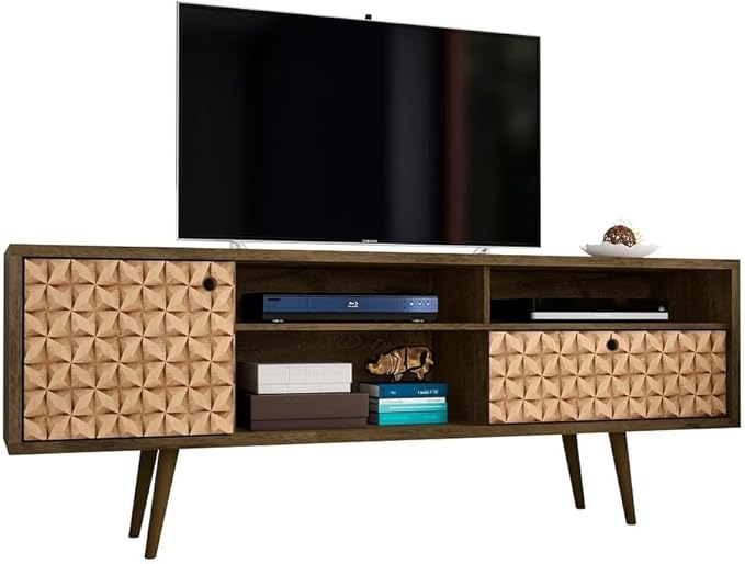 Manhattan Comfort Liberty Mid Century Modern TV Stand for Televisions up to 65 Inches, Bedroom and Living Room Entertainment Center with Storage, Shelves, and Cabinet, 71" Wide, Rustic Brown/3D Brown - LeafyLoom