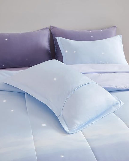 Girls Comforter Set Twin Size 6 Pieces Colorful Ombre Purple Rainbow Bedding Set Bed in A Bag for Kids Teen Girls (1 Comforter, 1 Flat Sheet, 1 Fitted Sheet, 1 Pillow sham, 2 Pillowcases) - LeafyLoom