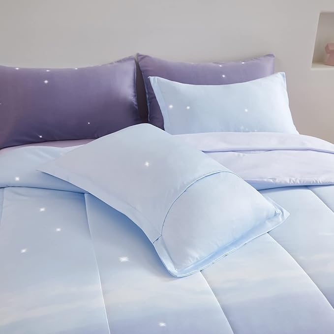 Girls Comforter Set Twin Size 6 Pieces Colorful Ombre Purple Rainbow Bedding Set Bed in A Bag for Kids Teen Girls (1 Comforter, 1 Flat Sheet, 1 Fitted Sheet, 1 Pillow sham, 2 Pillowcases) - LeafyLoom