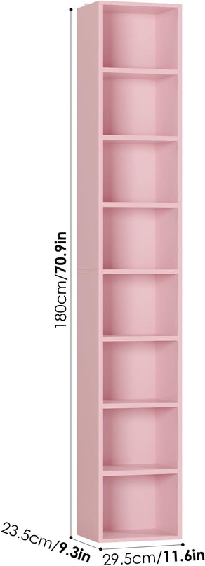 FOTOSOK 8-Tier Media Tower Rack, 11.6 X 9.3 X 70.9 Inches CD DVD Slim Storage Cabinet with Adjustable Shelves, Tall Narrow Bookcase Display Bookshelf for Home Office, Pink - LeafyLoom