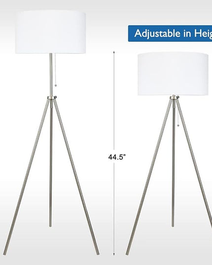 O’Bright Tripod Floor Lamp, Adjustable in Height, 100% Metal Body with Linen Drum Shade, E26 Socket, Bedside Lamp, Standing Light for Living Room, Bedroom, Office, Brushed Nickel - LeafyLoom