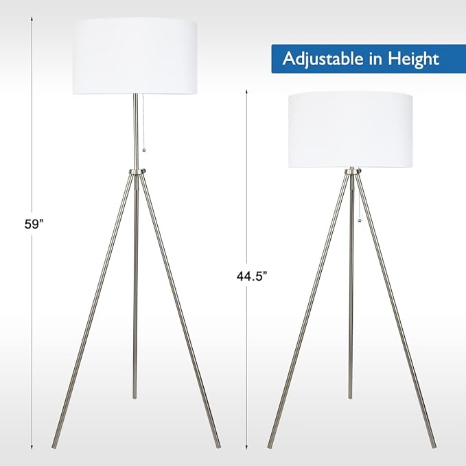 O’Bright Tripod Floor Lamp, Adjustable in Height, 100% Metal Body with Linen Drum Shade, E26 Socket, Bedside Lamp, Standing Light for Living Room, Bedroom, Office, Brushed Nickel - LeafyLoom