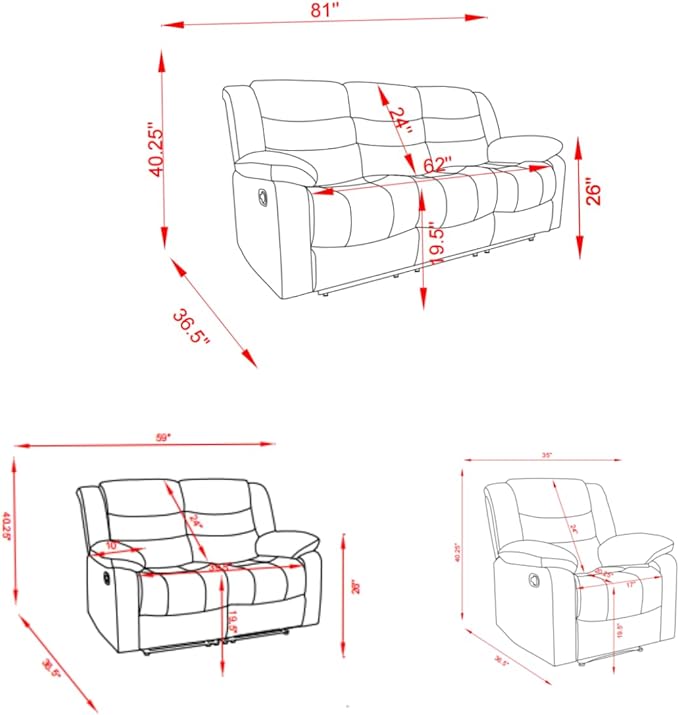 3 Pieces Oversized Manual Motion Set with Center Console,Cup Holders,Three Seaters Couch,Loveseat&Lounge Chair, Upholstered Reclining Sectional Sofa, Gray 3PIECES - LeafyLoom