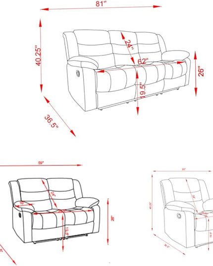 Manual Set, Modern Single Chair, Loveseat and 3 Seat Sofa&Couch with Consoles,2 Cup Holders and Storage, Living Room Furniture, Upholstered Reclining Sectional Sofa, Black - LeafyLoom