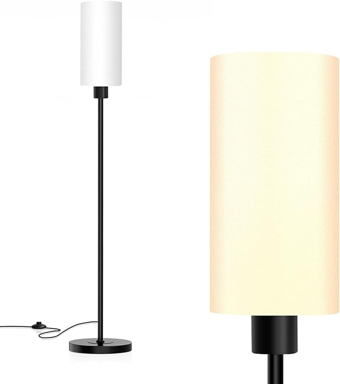 Floor Lamp for Living Room, Modern Standing Floor Lamp with E26 Socket, LED Corner Floor Lamp 68 Inches Tall for Office, Bedroom, Reading or Work - Black with White Lampshade, Bulb Not Included - LeafyLoom