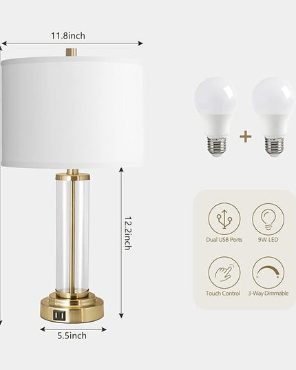 QiMH Lamps for Bedrooms Set of 2, Touch Control Table Lamps with Dual USB Ports, 3-Way Dimmable Bedside Lamp with Fabric Lampshade, Modern Nightstand Lamp for Living Room Bedroom (LED Bulbs Included) - LeafyLoom