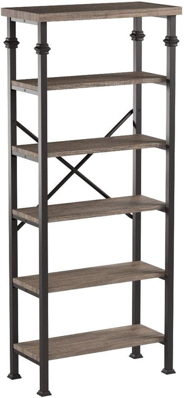 HOMBAZAAR Bookshelf, 6-Tier Vintage Industrial Book Shelf, Rustic Wood and Metal Bookcase and Bookshelves, Free Standing Storage Large Bookshelf for Living Room, Bedroom and Kitchen, Grey Oak - LeafyLoom
