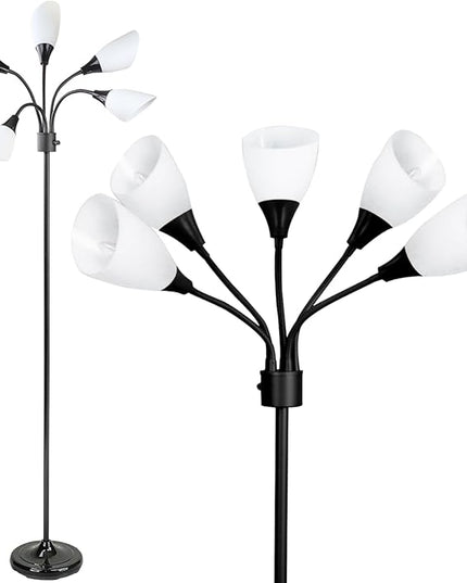 Modern Multi-Head Medusa Floor Lamp - 5 Light Standing Lamp for Bedroom and Living Room with Positionable Acrylic White Shades & 3-Light Mode Switch - Tall Black Floor Lamp for Living Room Decor - LeafyLoom