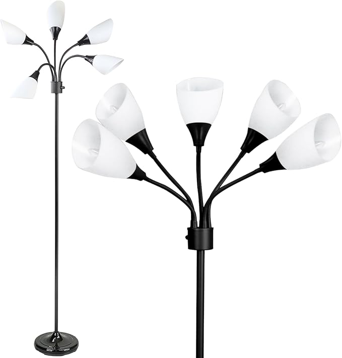 Modern Multi-Head Medusa Floor Lamp - 5 Light Standing Lamp for Bedroom and Living Room with Positionable Acrylic White Shades & 3-Light Mode Switch - Tall Black Floor Lamp for Living Room Decor - LeafyLoom