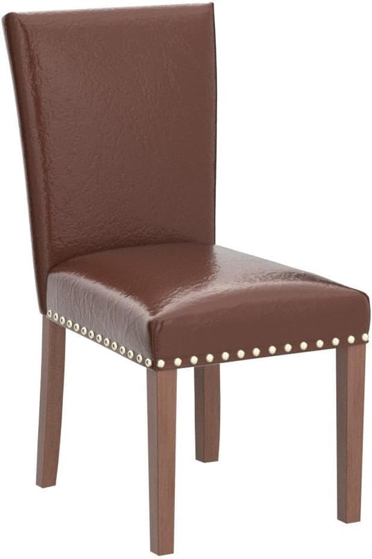 COLAMY Upholstered Parsons Dining Chairs Set of 6, PU Leather Dining Room Kitchen Side Chair with Nailhead Trim and Wood Legs - Light Brown - LeafyLoom