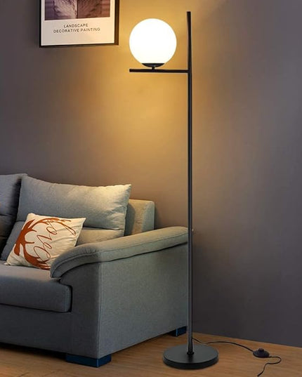DLLT Modern LED Sphere Floor Lamp-9W Frosted Glass Globe Standing Lamps for bedroom, Energy Saving Mid Century Tall Pole Standing Accent lighting for Living Room, Office, Bedroom, Black - LeafyLoom