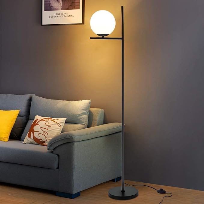 DLLT Modern LED Sphere Floor Lamp-9W Frosted Glass Globe Standing Lamps for bedroom, Energy Saving Mid Century Tall Pole Standing Accent lighting for Living Room, Office, Bedroom, Black - LeafyLoom