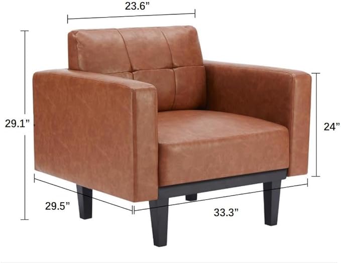 Mid-Century Modern Leather Accent Chair with Wood Base & Legs, Oversized Upholstered Single Sofa Chair, Comfy Living Room Armchairs for Apartment Bedroom Office Study, Cognac/Espresso - LeafyLoom