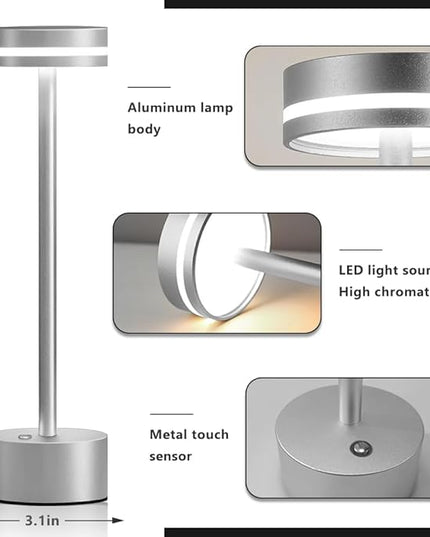 Cordless Metal Desk Lamp,Portable LED Table Lamp with Touch Sensor,3 Color Rechargeable Lamp,3-Levels Brightness Lamp,Night Light for Kids Nursery,Bedside Lamp,Dining Room Lamp (Silver) - LeafyLoom