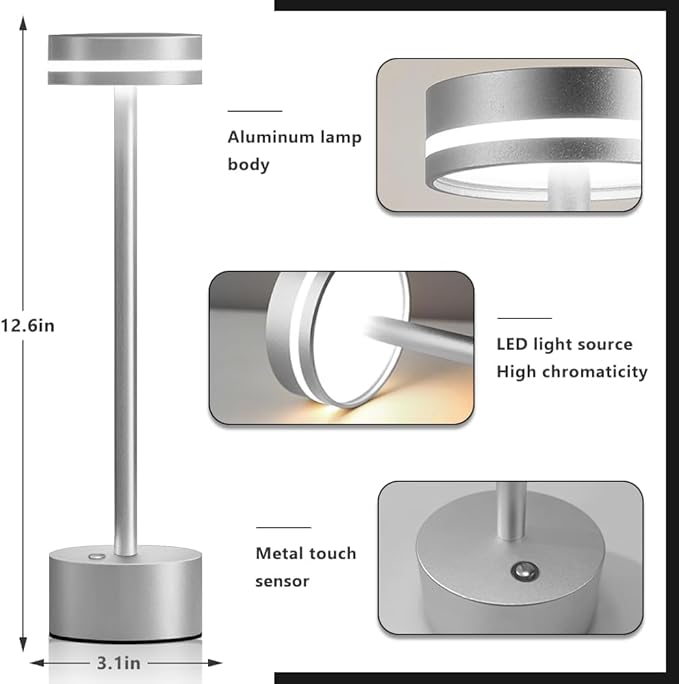 Cordless Metal Desk Lamp,Portable LED Table Lamp with Touch Sensor,3 Color Rechargeable Lamp,3-Levels Brightness Lamp,Night Light for Kids Nursery,Bedside Lamp,Dining Room Lamp (Silver) - LeafyLoom