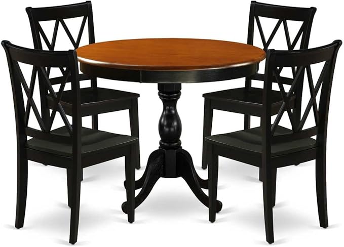 East West Furniture AMCL5-BCH-W 5 Piece Dinette Set for 4 Includes a Round Kitchen Table with Pedestal and 4 Dining Room Chairs, 36x36 Inch - LeafyLoom