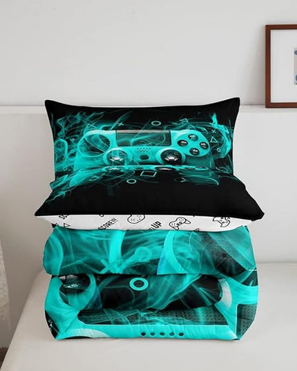 Feelyou Kids Gamer Comforter Set Queen Size Teens Gamepad Bedroom Decor for Boys Girls Video Game Controller Bedding Set Youth Gaming Console Comforter Blue Black Geometry with 2 Pillow Case - LeafyLoom
