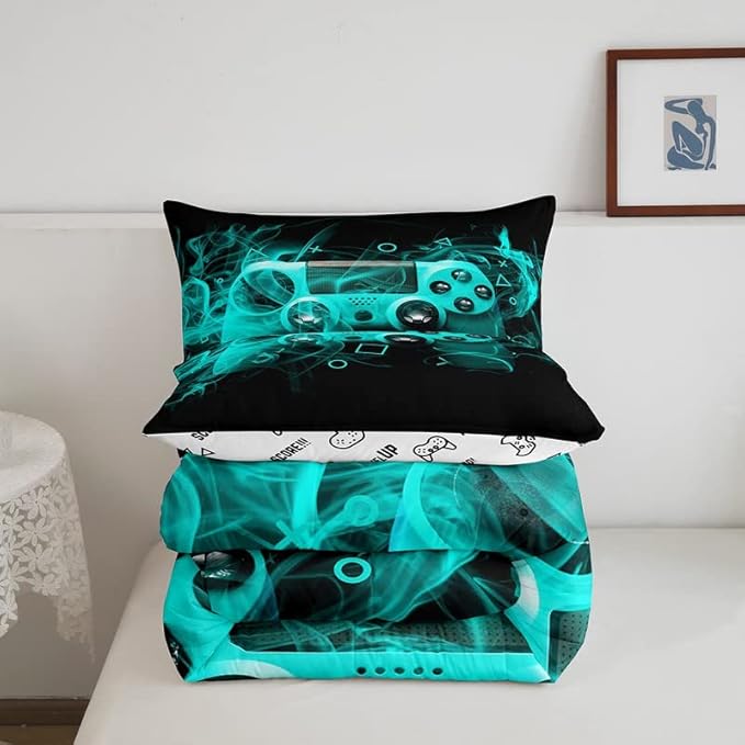 Feelyou Kids Gamer Comforter Set Queen Size Teens Gamepad Bedroom Decor for Boys Girls Video Game Controller Bedding Set Youth Gaming Console Comforter Blue Black Geometry with 2 Pillow Case - LeafyLoom
