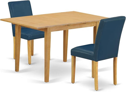 East West Furniture NOAB3-OAK-55 3 Piece Kitchen Table & Chairs Set Contains a Rectangle Dining Table with Butterfly Leaf and 2 Oasis Blue Faux Leather Parson Chairs, 32x54 Inch, Oak - LeafyLoom