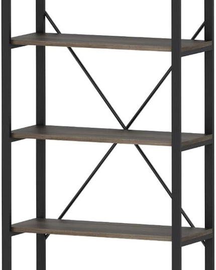 FATORRI 5 Tier Industrial Bookshelf, Rustic Etagere Bookcase for Display, Vintage Shelving Unit Wood and Metal Tall Book Shelves for Home Office (Walnut Brown) - LeafyLoom