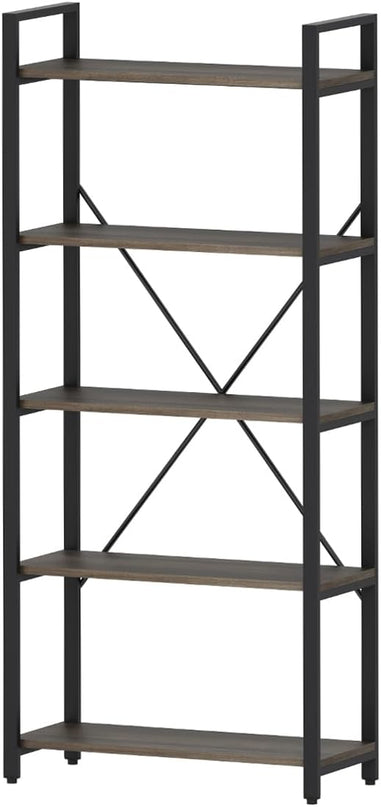 FATORRI 5 Tier Industrial Bookshelf, Rustic Etagere Bookcase for Display, Vintage Shelving Unit Wood and Metal Tall Book Shelves for Home Office (Walnut Brown) - LeafyLoom