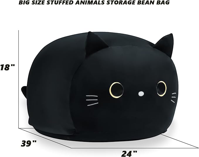 Stuffed Animal Storage Bean Bag Chair Cover for Kids Black Cat Beanbag Chair for Girls Large Size Toy Organizer Cover Only Without Filling - LeafyLoom
