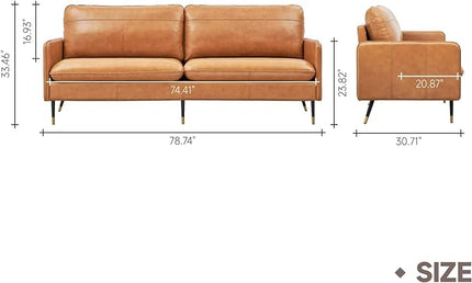 79" Top-Grain Leather Sofa, 3 Seater Leather Couch, Mid-Century Modern Couch for Living Room Bedroom Apartment Office, Cognac Tan - LeafyLoom
