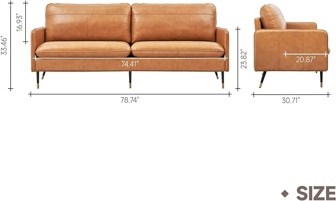 79" Top-Grain Leather Sofa, 3 Seater Leather Couch, Mid-Century Modern Couch for Living Room Bedroom Apartment Office, Cognac Tan - LeafyLoom