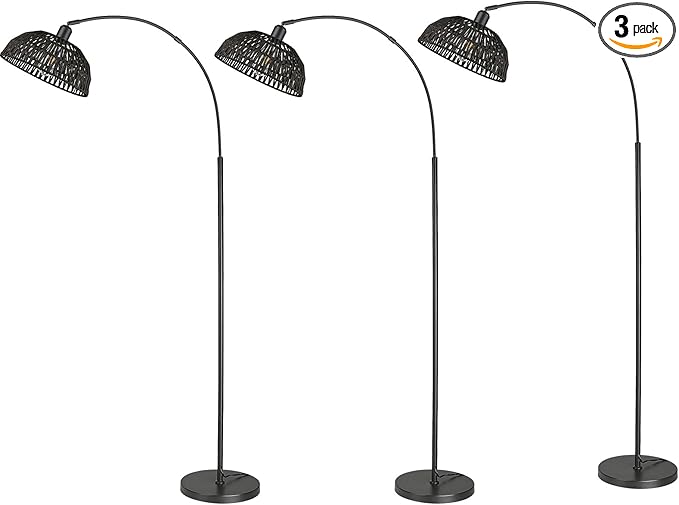 Rattan Floor Lamp, Retro Boho Arc Standing Lamp with Remote Dimmable Farmhouse Bamboo Lamp Shade Floor Light Industrial Tall Lamp with 9W LED Bulb (Black, 3 PACK) - LeafyLoom