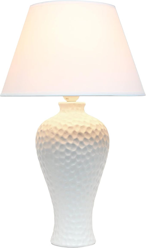 Simple Designs LT2004-WHT Hammered Stucco Curvy Ceramic Table Lamp, White - LeafyLoom