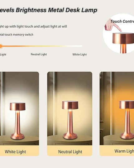 Portable LED Table Lamp, 3-Levels Brightness Metal Desk Lamp, 3 Color Touch Control Rechargeable Lamp, Night Light, Bedside Lamp,Dining Room Lamp,Gifts for Friends (Rose Gold) - LeafyLoom