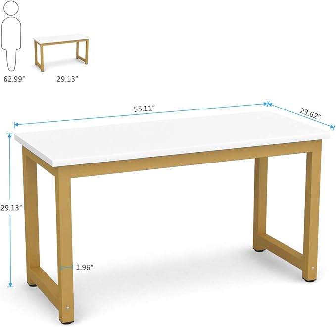 Tribesigns Modern Computer Desk, 55 inches Large Office Desk Computer Table Study Writing Desk for Home Office, White Gold Metal Frame - LeafyLoom