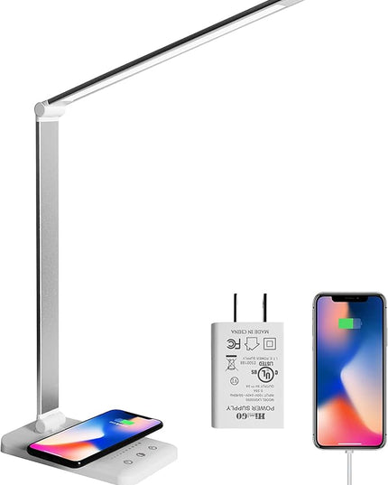 LED Desk Lamp with Wireless Charger,Eye-Caring Table Lamps,Stepless Dimmable Office Lamp with USB Charging Port,Touch/Memory/Timer Function,25 Brightness Lighting,Foldable Lamp - LeafyLoom