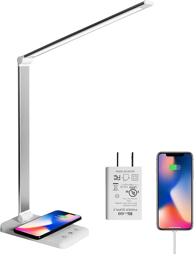 LED Desk Lamp with Wireless Charger,Eye-Caring Table Lamps,Stepless Dimmable Office Lamp with USB Charging Port,Touch/Memory/Timer Function,25 Brightness Lighting,Foldable Lamp - LeafyLoom