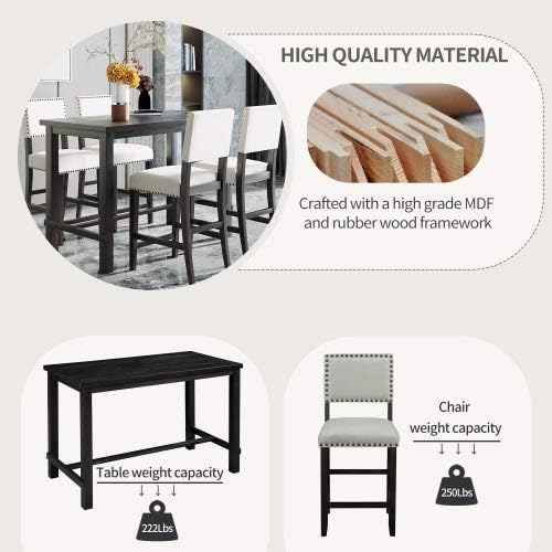 5-Piece Furniture, Wooden Rectangular Dining Table Set with 4 Upholstered Backrest Chairs Family for Kitchen, Black and Beige - LeafyLoom