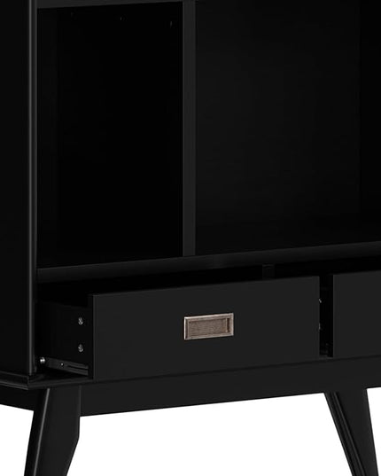 SIMPLIHOME Draper SOLID HARDWOOD 64 inch x 35 inch Mid Century Modern Wide Bookcase and Storage Unit in Black for The Living Room, Study Room and Office - LeafyLoom