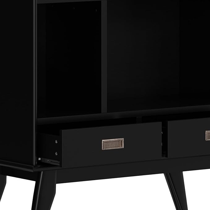 SIMPLIHOME Draper SOLID HARDWOOD 64 inch x 35 inch Mid Century Modern Wide Bookcase and Storage Unit in Black for The Living Room, Study Room and Office - LeafyLoom