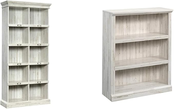 Sauder Tall 75" Bookcase with Cubby Storage & 3-Shelf Bookcase, White Plank Finish - LeafyLoom