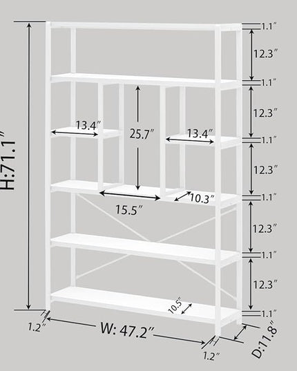 LVB 6 Tier Tall White Bookshelf, Big Metal Wooden Book Shelves Storage, Modern Large Bookcases and Bookshelves 6 Shelf, Farmhouse Open Vertical Display Book Shelf for Bedroom Living Room Office, White - LeafyLoom